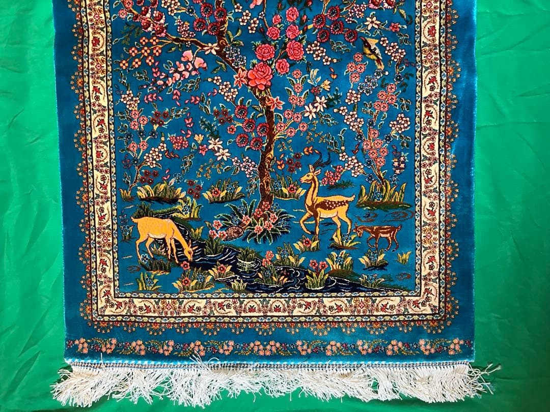 ペルシャ絨毯 青柄シルク 90cm×58cm