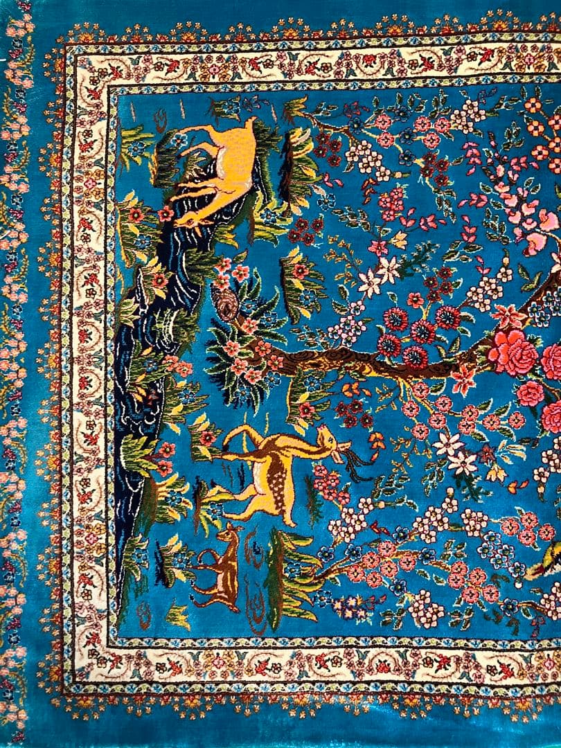 ペルシャ絨毯 青柄シルク 90cm×58cm