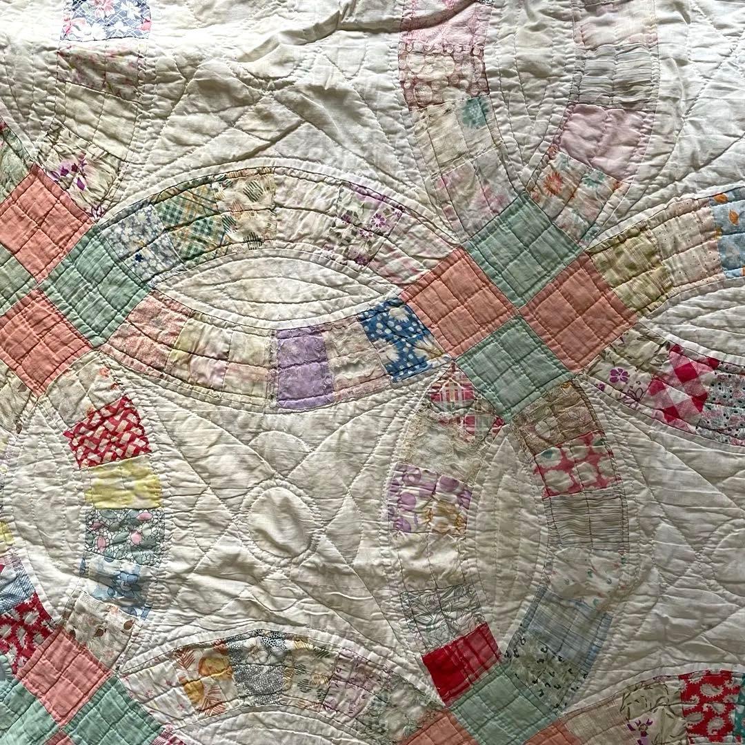 アンティークキルトビンテージ　パッチワークダブルウェディング　フィードサック