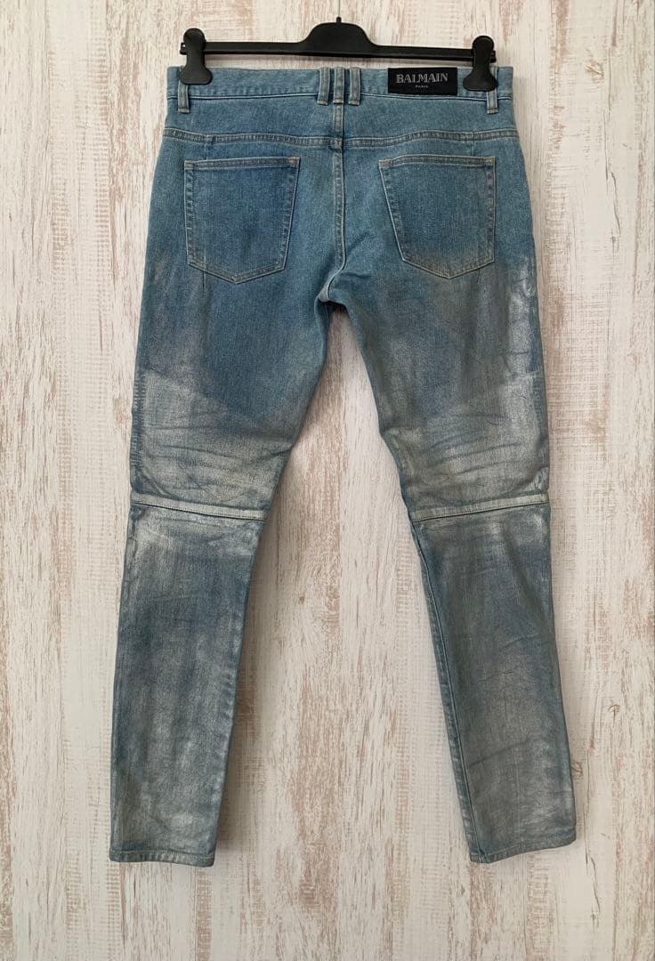 BALMAIN バルマン Biker ZIP シルバー ペイントデニムジーンズ