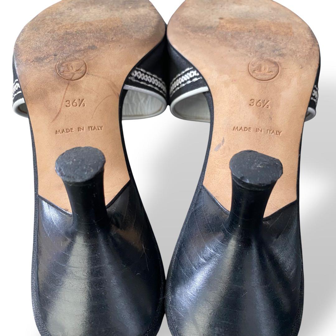 CHANEL ロゴ刺繍　ミュール　白　黒　23-23.5cm