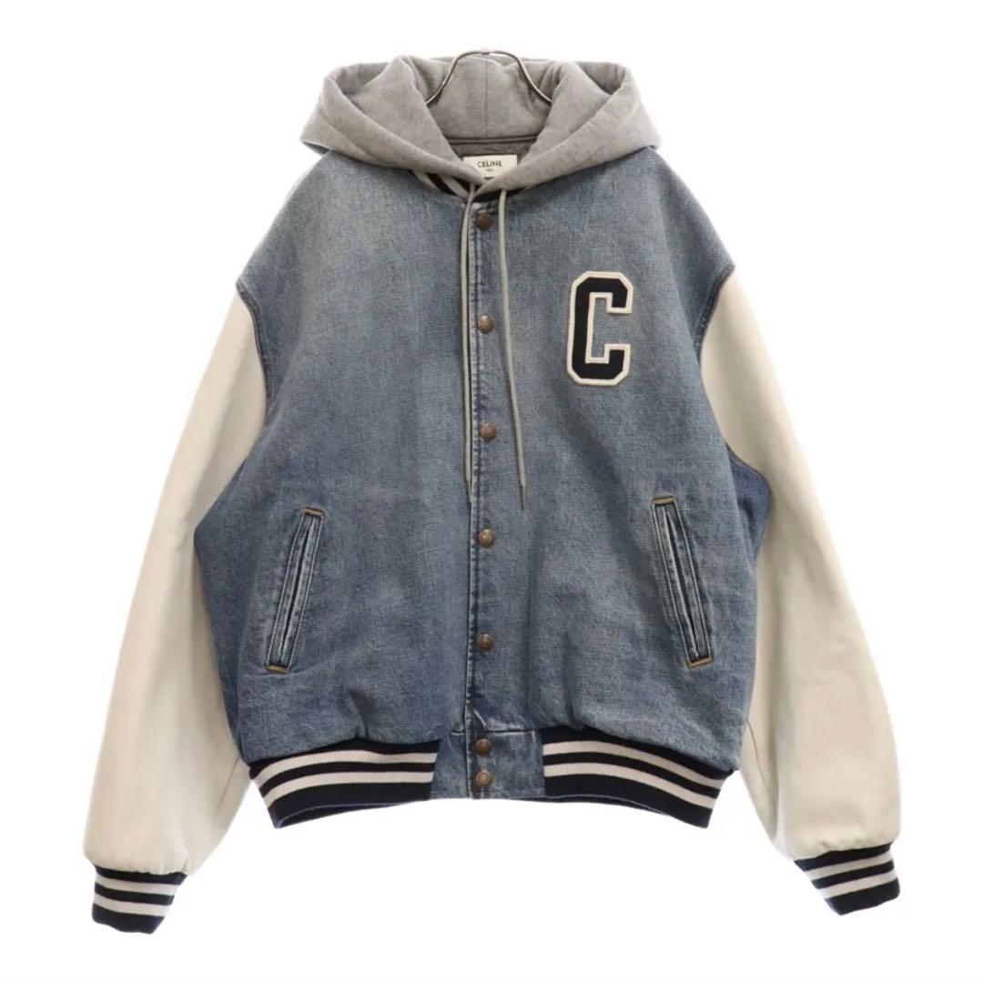 CELINE ルーズ テディ レザー切り替え ロゴパッチ フード付き デニム