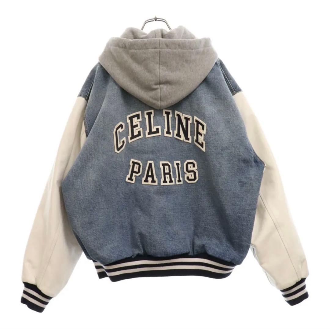 CELINE ルーズ テディ レザー切り替え ロゴパッチ フード付き デニム