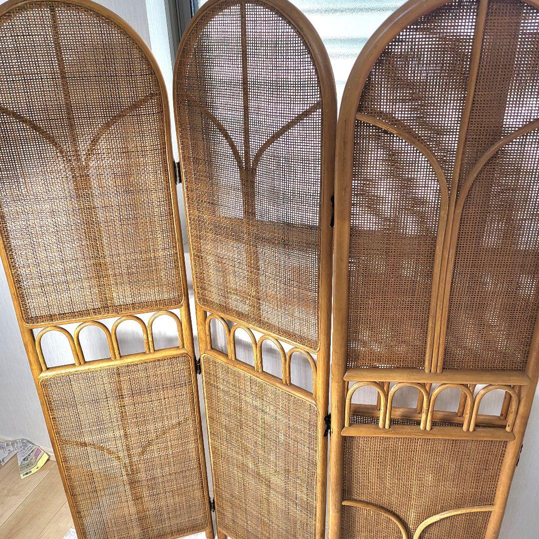 【引取限定】籐 ラタン 4連パーテーション 昭和レトロ 籐　間仕切り　衝立