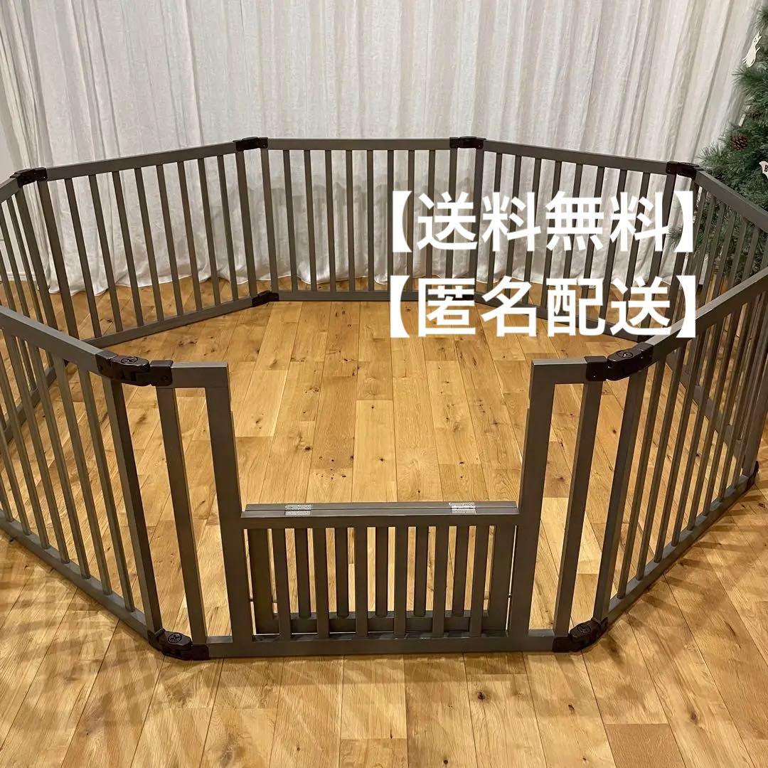 【日本育児】折りたたみ/木製/ベビーサークル/グレー/グレー/8枚【扉付き】