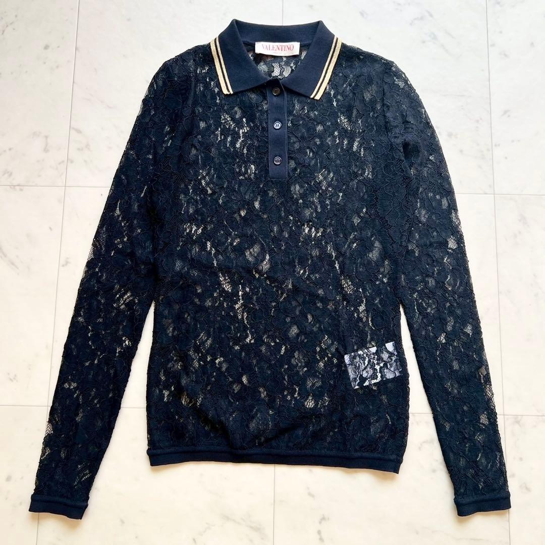 VALENTINO 近年タグ フラワーレース ポロカットソー ニット ブラック