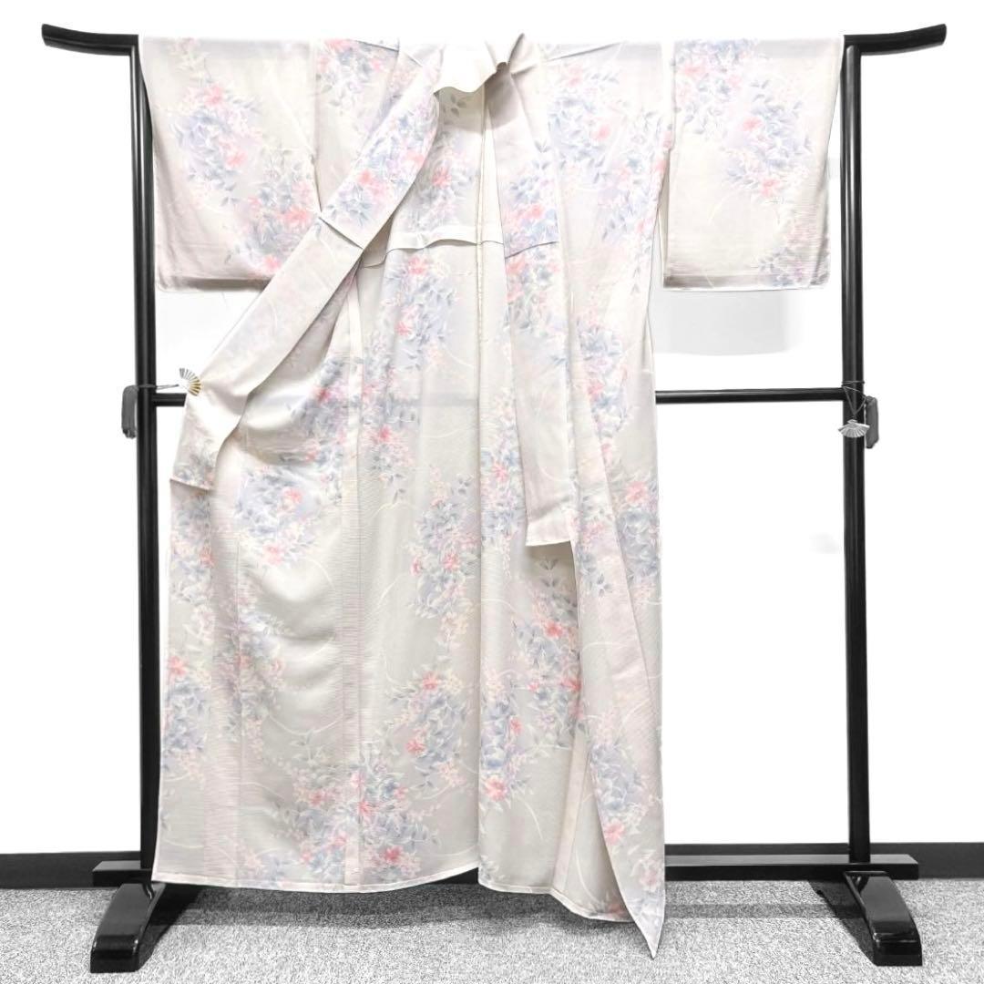 夏用　小紋　絽　花模様　パープル系　着物　042w d