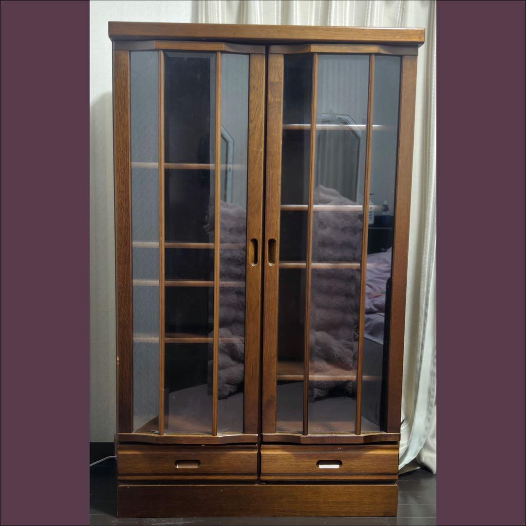 ダークブラウン 木製 キャビネット ガラス扉付き　87.5×45.5×145