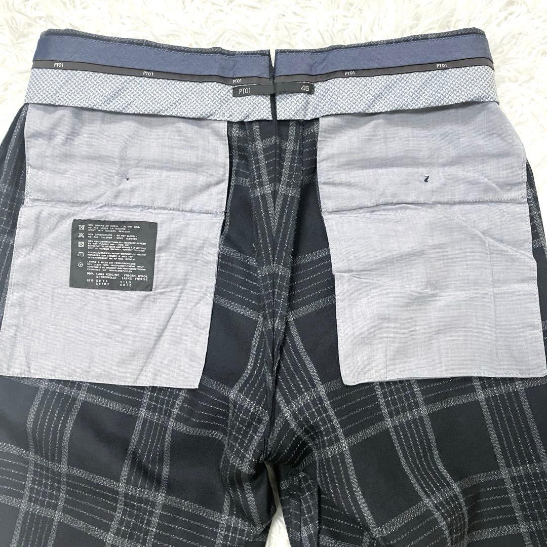 美品✨　PT01　スラックスパンツ　チェック柄　シルク混　46　ブラック