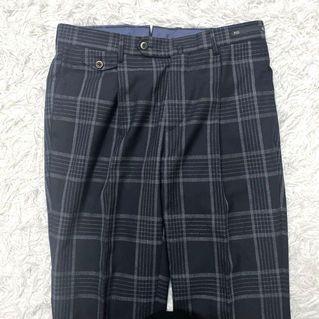 美品✨　PT01　スラックスパンツ　チェック柄　シルク混　46　ブラック
