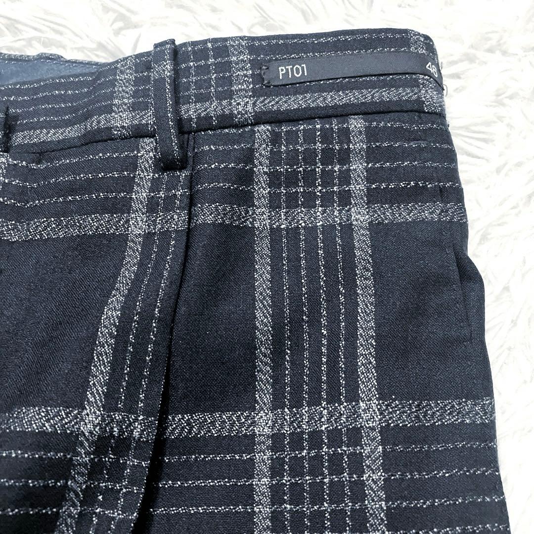 美品✨　PT01　スラックスパンツ　チェック柄　シルク混　46　ブラック