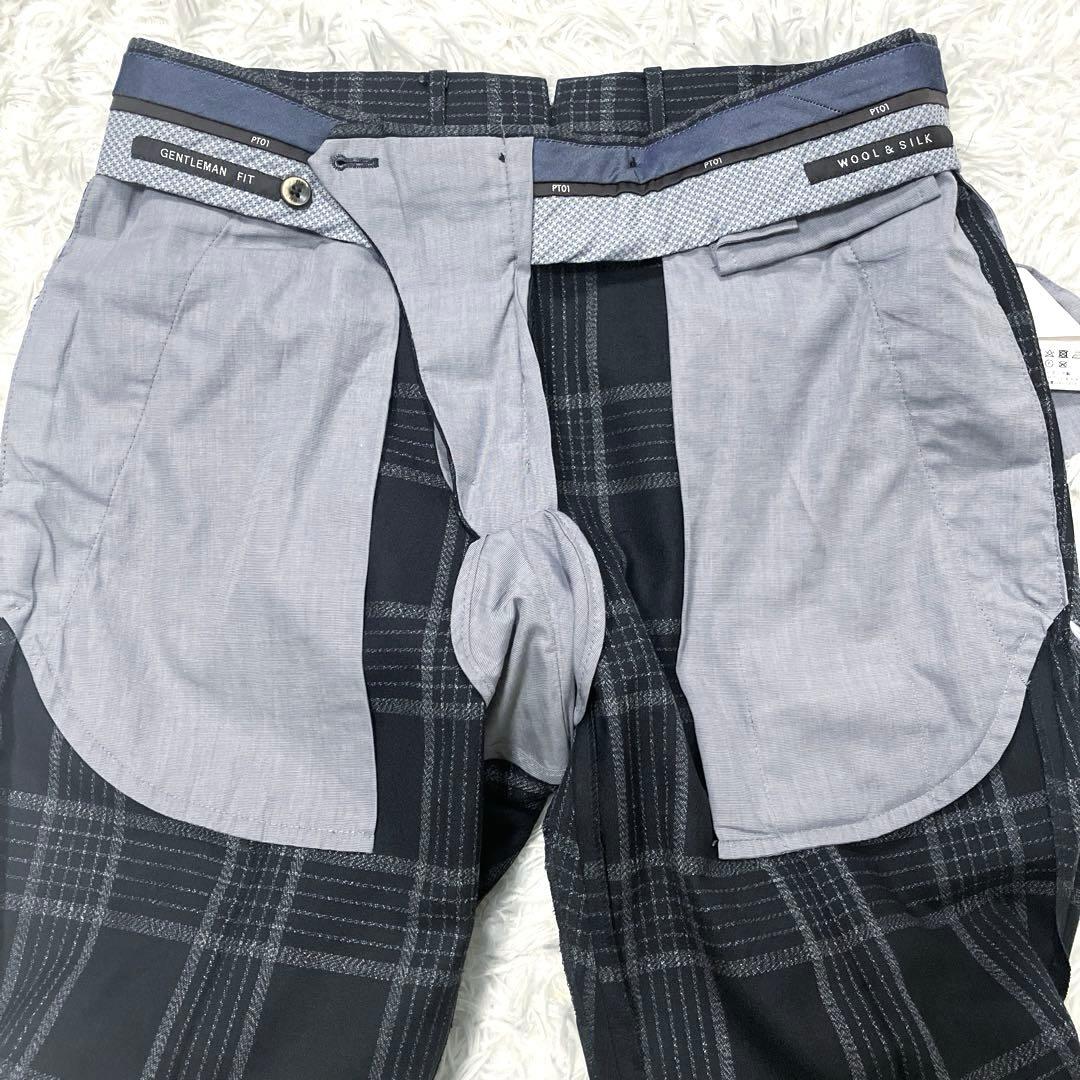 美品✨　PT01　スラックスパンツ　チェック柄　シルク混　46　ブラック