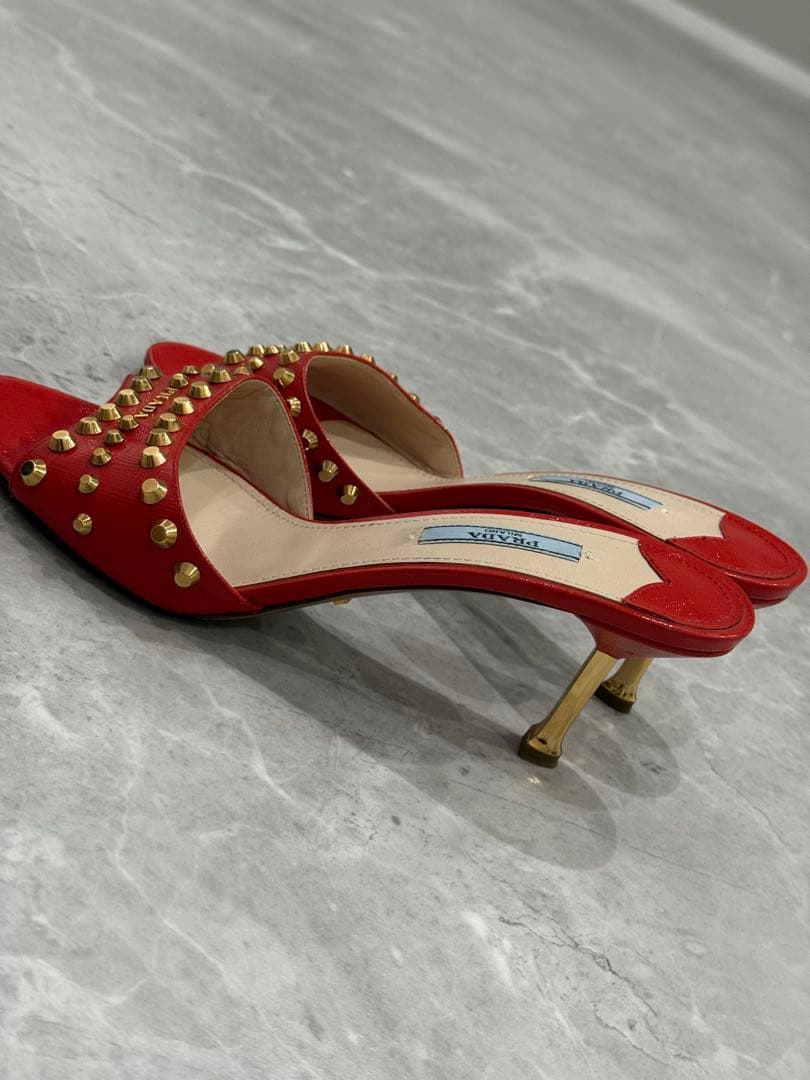 PRADA プラダ スタッズ ミュールサンダル レッド×ゴールド37½