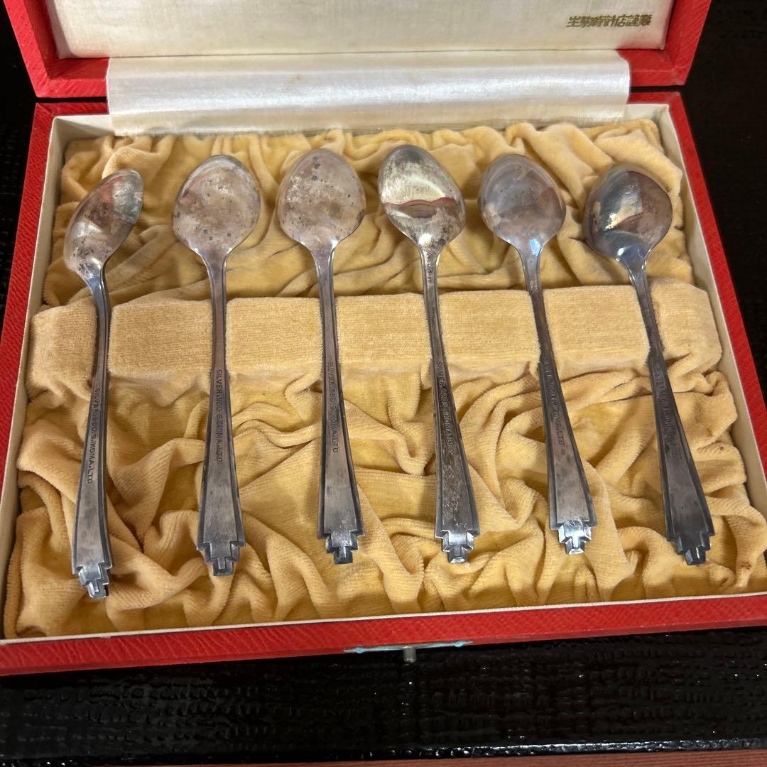 新品◆②純銀製　装飾的ハンドル スプーン6本セット　昭和レトロ　生駒時計店