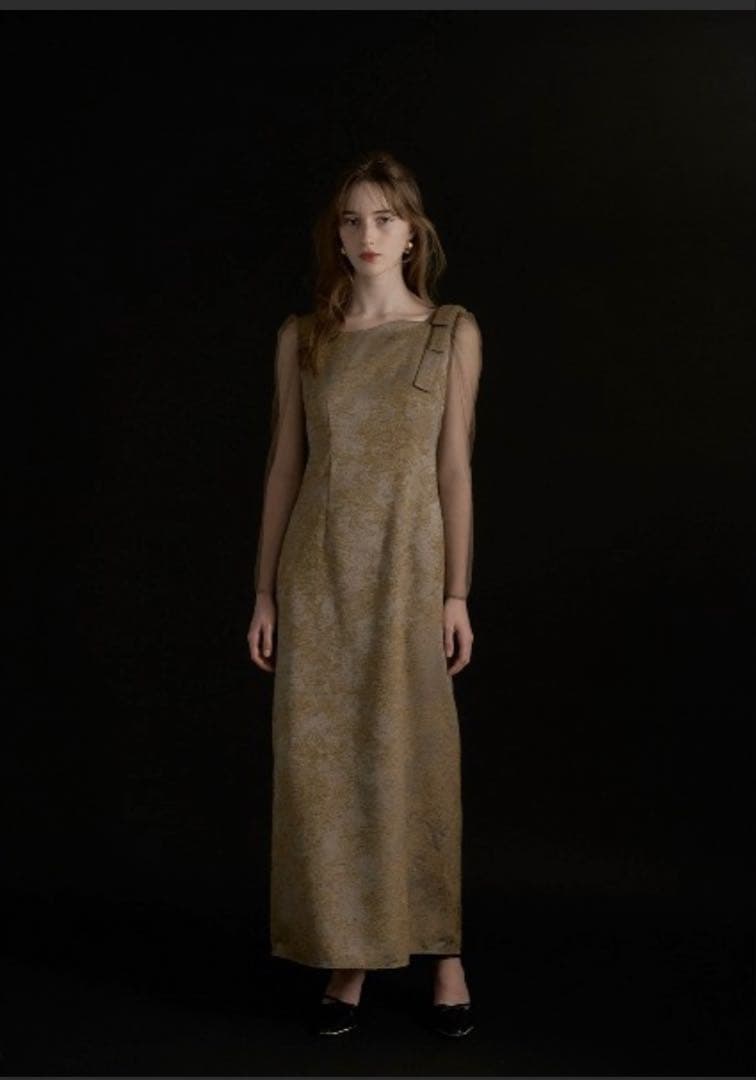 オリーブグリーン ロングドレス シースルー袖
