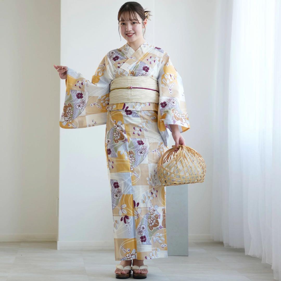 ★新品 3L4L5L 浴衣2点セット utatane からし市松に菖蒲 萩 撫子