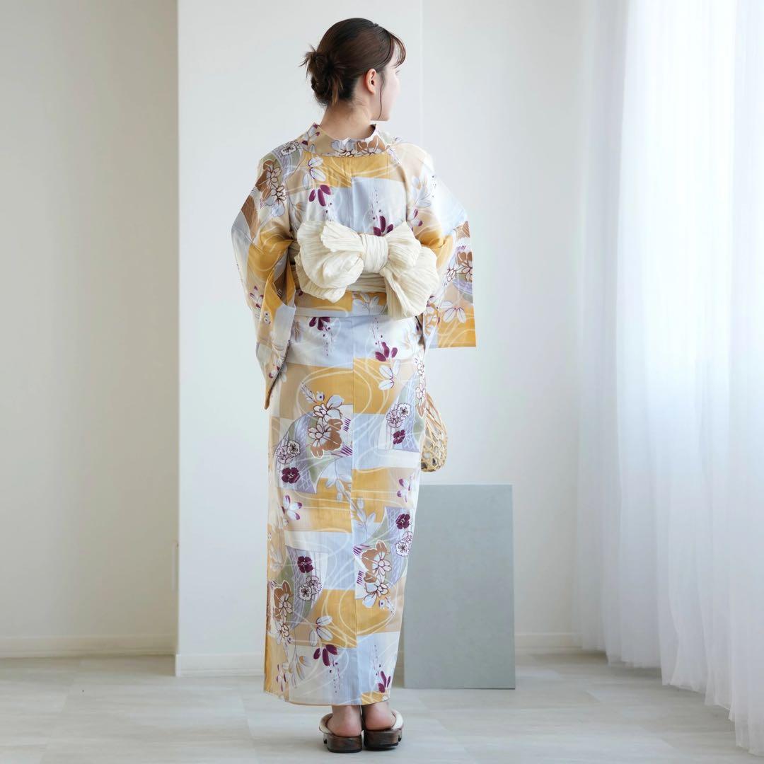 ★新品 3L4L5L 浴衣2点セット utatane からし市松に菖蒲 萩 撫子