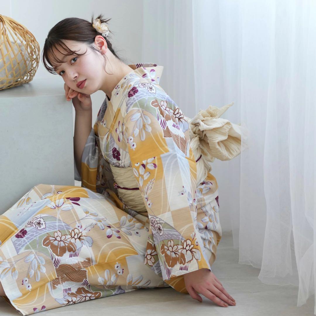 ★新品 3L4L5L 浴衣2点セット utatane からし市松に菖蒲 萩 撫子