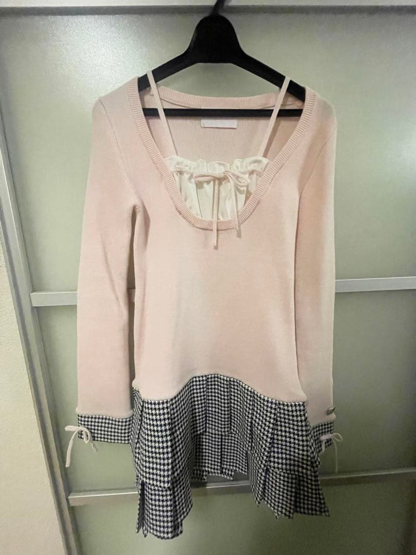 HONEY MEW　千鳥プリーツドッキングワンピース　ピンク　XS　ハニーミュウ