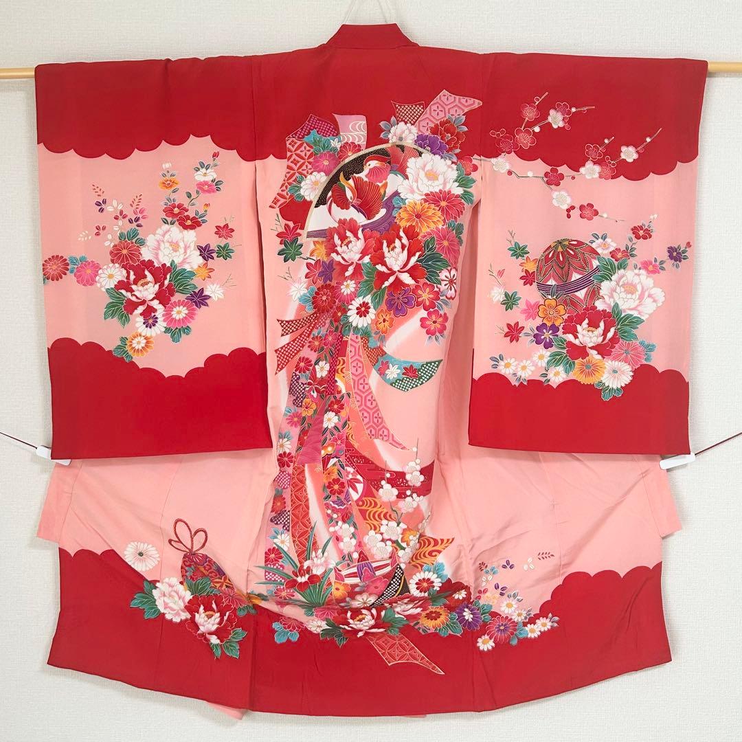 お宮参り　産着　祝着　赤×ピンク　おしどり　花々　束ね熨斗　女の子　襦袢付き