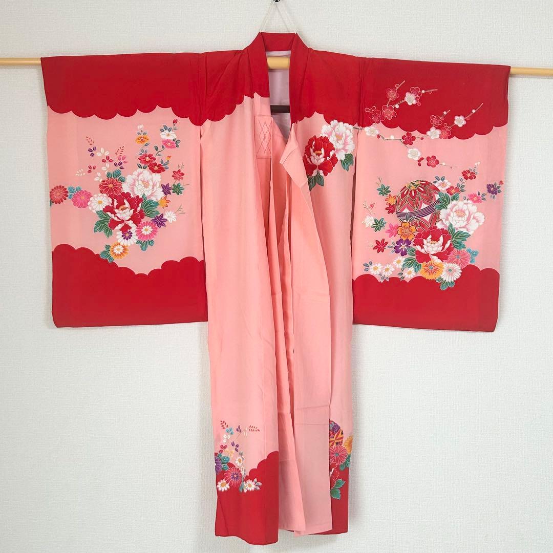 お宮参り　産着　祝着　赤×ピンク　おしどり　花々　束ね熨斗　女の子　襦袢付き