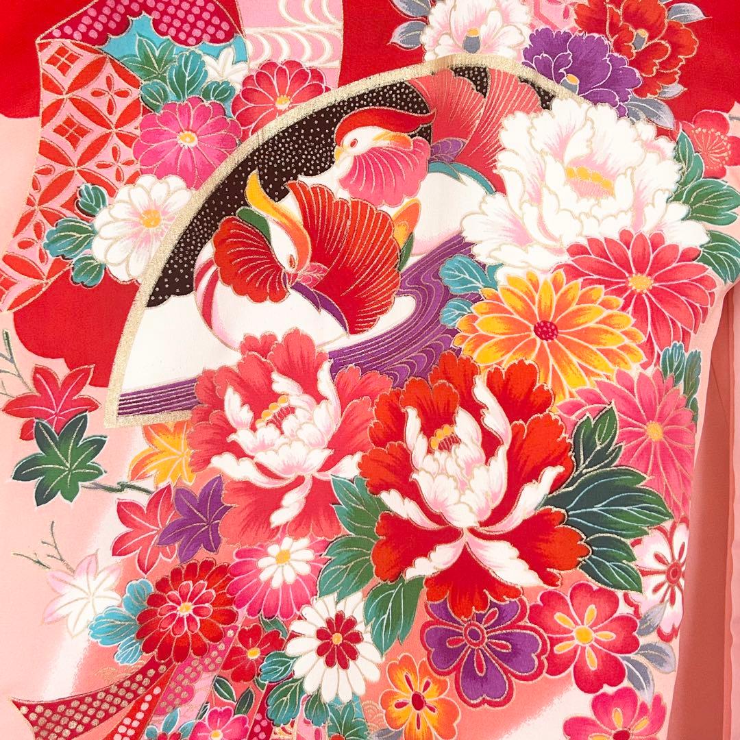 お宮参り　産着　祝着　赤×ピンク　おしどり　花々　束ね熨斗　女の子　襦袢付き