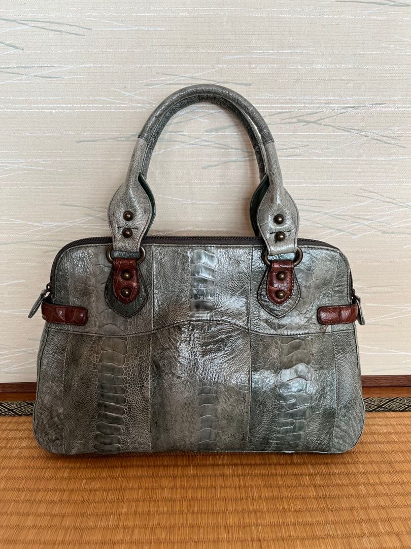 【希少】本革 オーストリッチレッグ パッチワーク ハンドバッグ グレー系