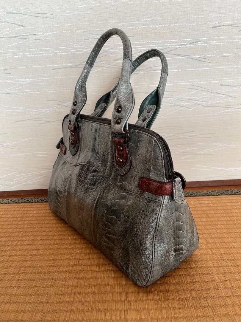 【希少】本革 オーストリッチレッグ パッチワーク ハンドバッグ グレー系