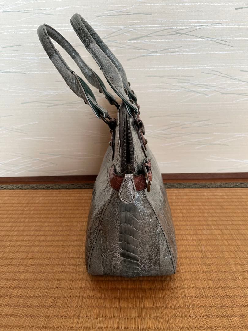 【希少】本革 オーストリッチレッグ パッチワーク ハンドバッグ グレー系
