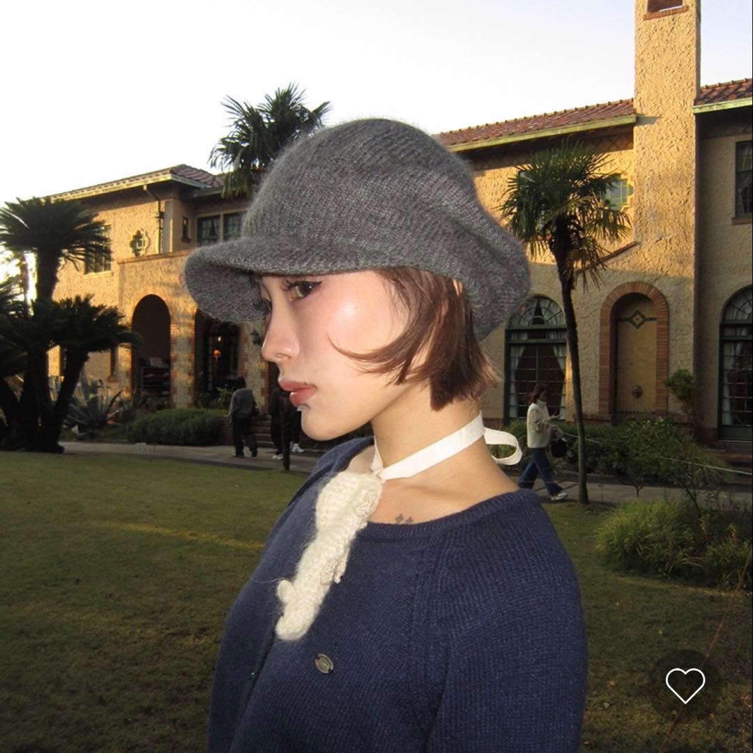 haku リブニットキャスケット＆ボタンリボンデザインレイヤードパフスリープ