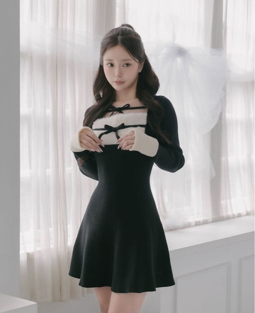 Darich リボンファーフレアニットミニワンピース ブラック free