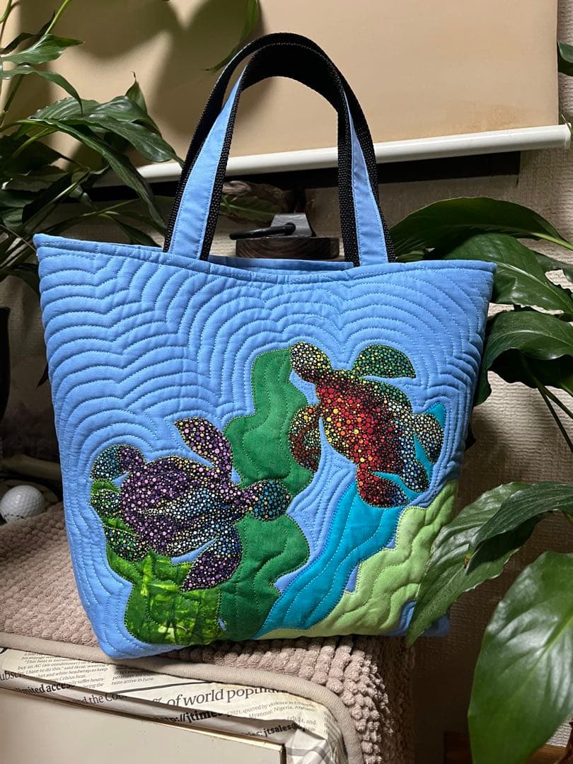 ハワイアンキルト　ハワイアンキルトバッグ　ホヌ　カメ　トートバッグ