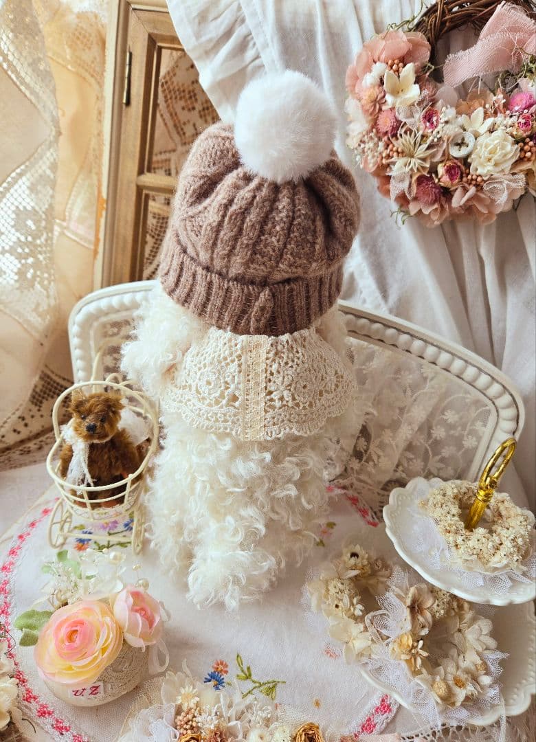 ミルク色のトイプードルちゃん毛糸のお帽子&ストールおめかしstyle テディベア