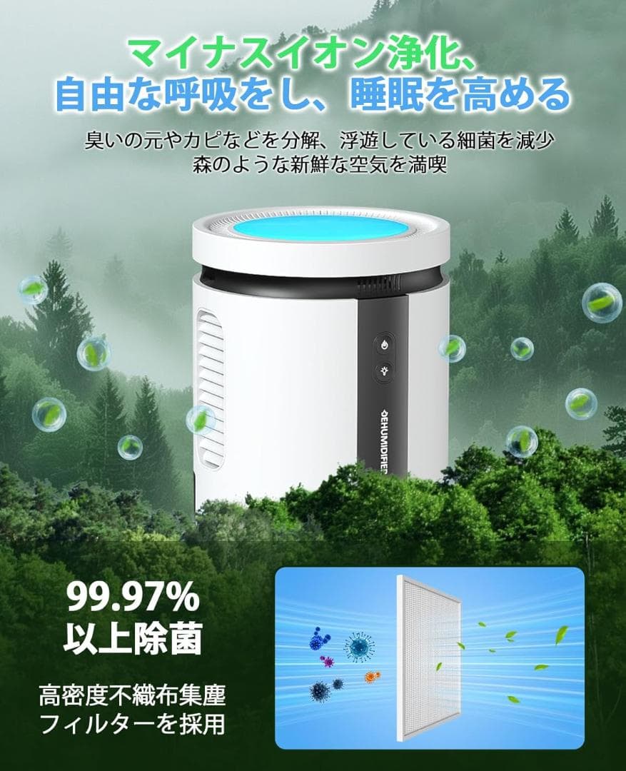 K008 除湿機 小型 衣類乾燥 省エネ 静音 マイナスイオン機能 7色