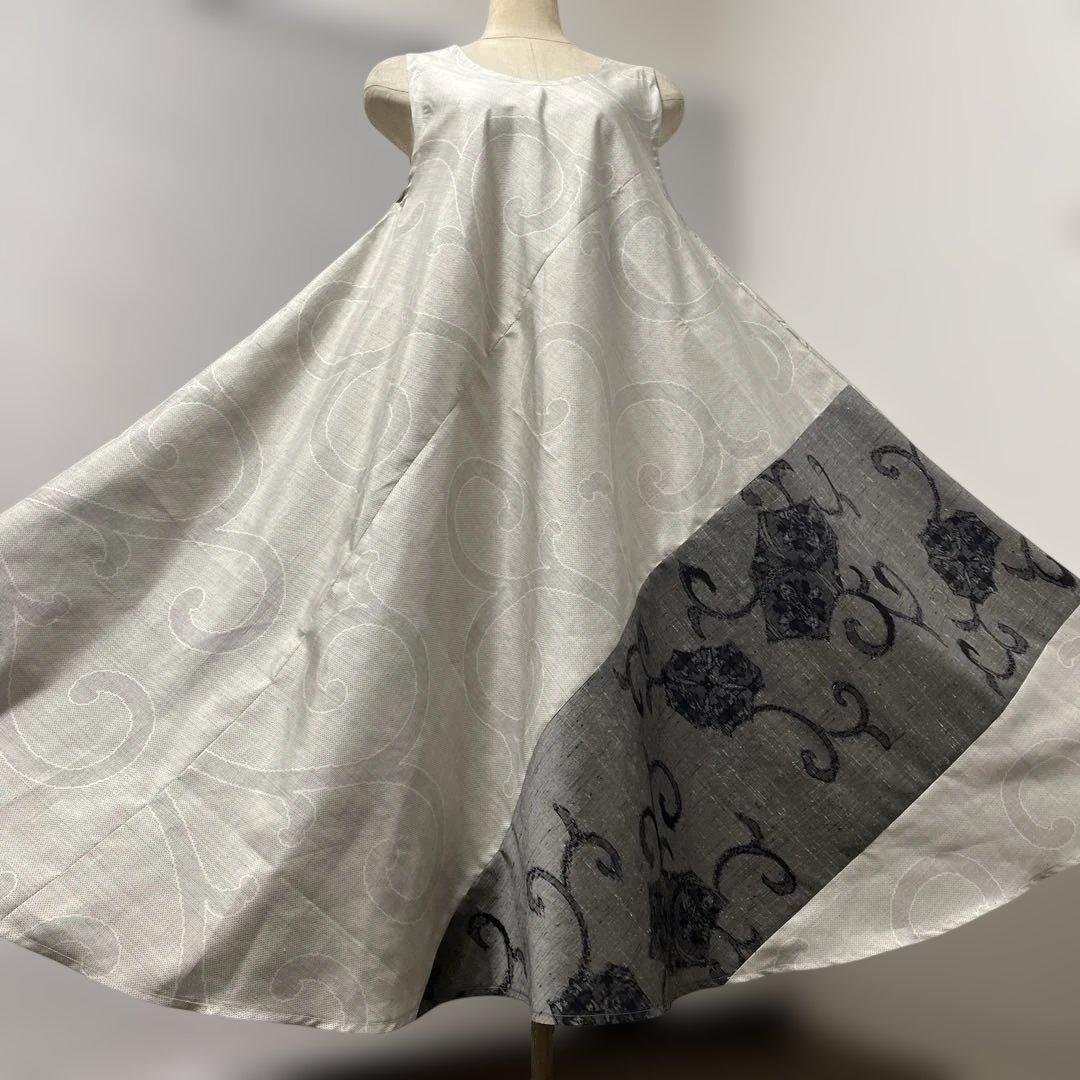 着物ワンピーステントラインロング丈【222】白大島紬や上代結城紬等M〜L