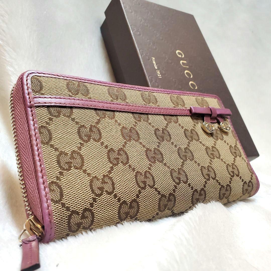 美品　GUCCI GG キャンバス ハート リボン インターロッキング 長財布