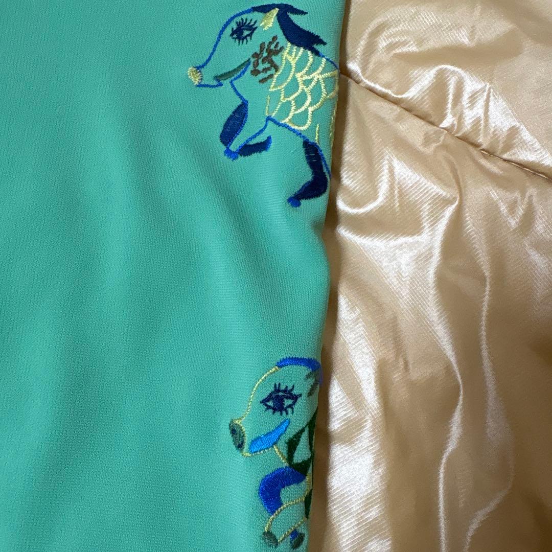 【未使用に近い】✨トクコプルミエヴォル✨グリーン地前中央刺繍裾フリルチュニック❣️