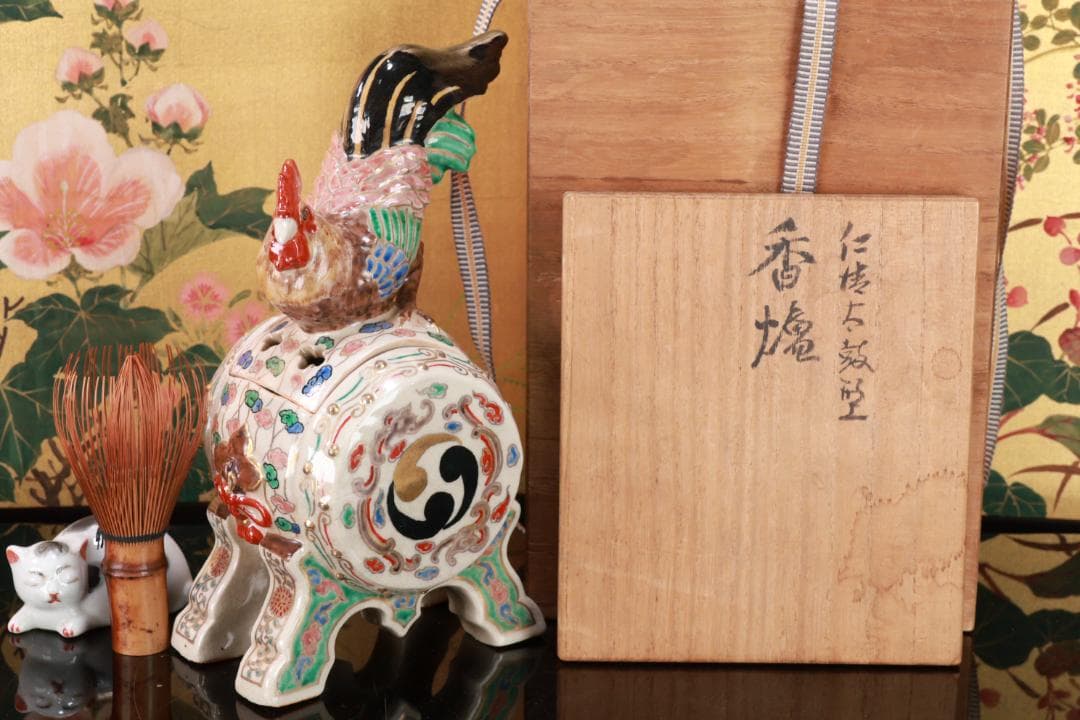 たかリン、仁清銘　京焼染錦　太鼓型　香炉　床飾　置物　野々村仁清　BE88