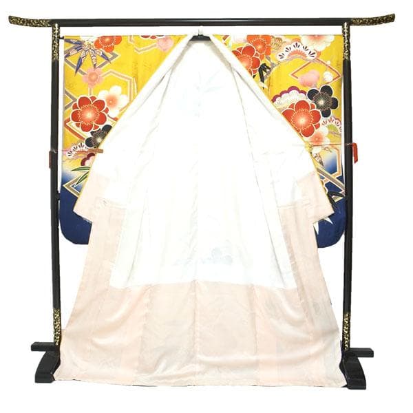 振袖 着物 金彩加工 地紋 黄色 紺色 松竹梅 裄66 Ｌ 中古 sn1462