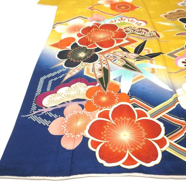 振袖 着物 金彩加工 地紋 黄色 紺色 松竹梅 裄66 Ｌ 中古 sn1462