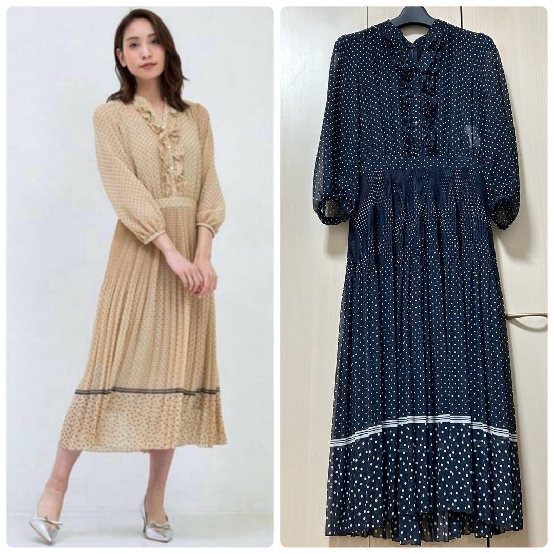 20SS♡ANAYI ラインドットプリントフリルワンピース 38 プリーツ