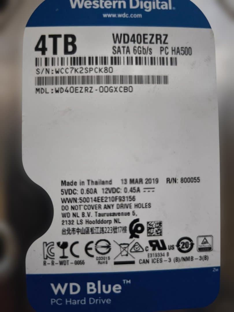 WD 3.5インチ HDD 4TB WD40EZRZ 2499h 電源204回