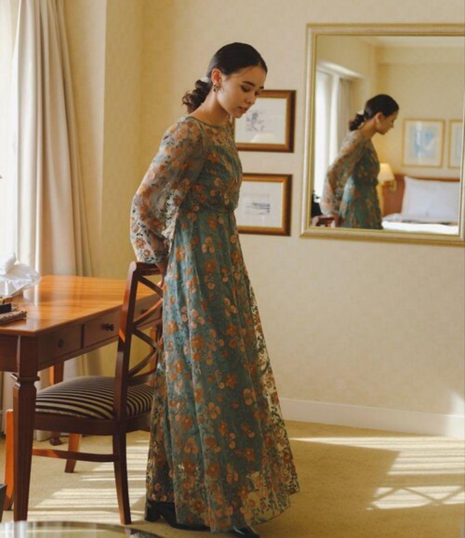 Kastane オケージョン ドレス 結婚式 ワンピース　グリーン　花柄　M