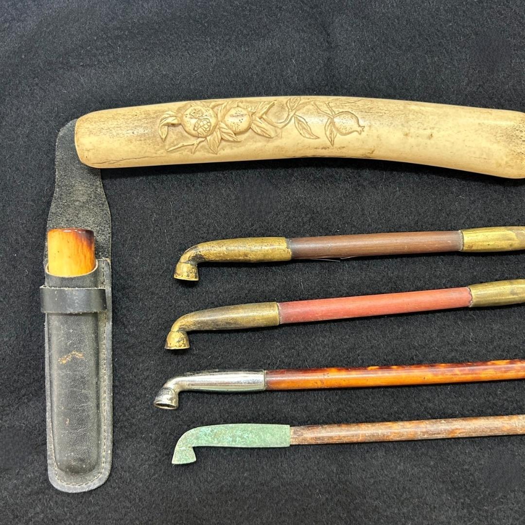 アンティーク 煙管 キセルセット 骨彫刻 革ケース 真鍮製 レトロ 喫煙具