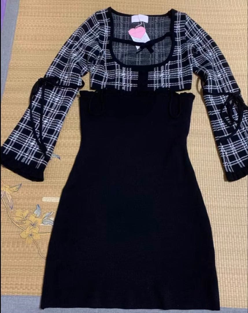 【新品タグ付き】honey mewチェックリボンドッキングワンピースフリーサイズ