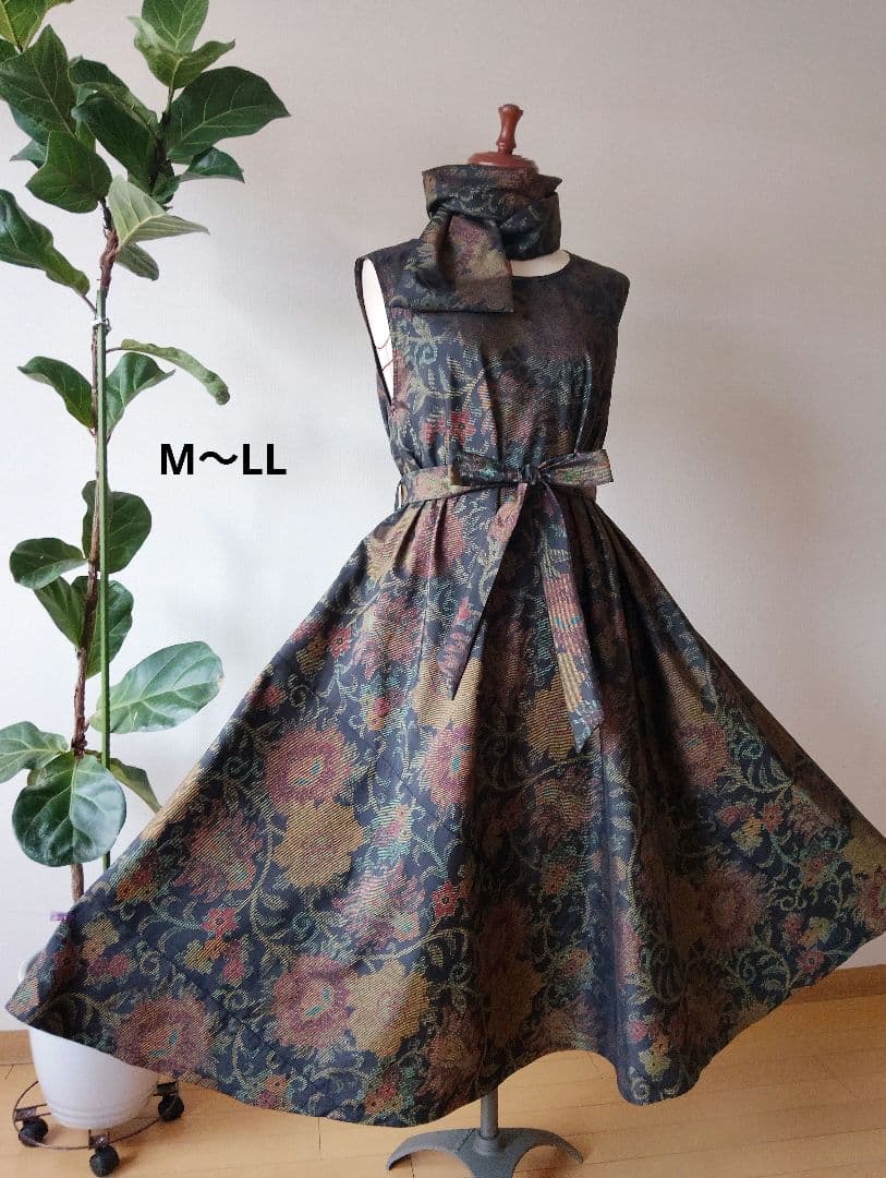 着物リメイク❀大島紬フレアーワンピース❀花柄ストール付き正絹ノースリーブ