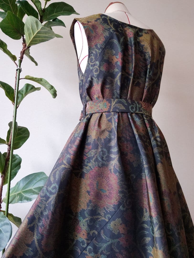 着物リメイク❀大島紬フレアーワンピース❀花柄ストール付き正絹ノースリーブ