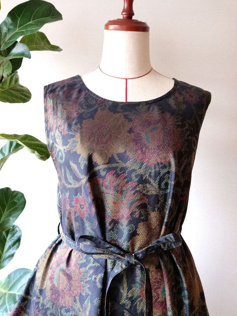 着物リメイク❀大島紬フレアーワンピース❀花柄ストール付き正絹ノースリーブ