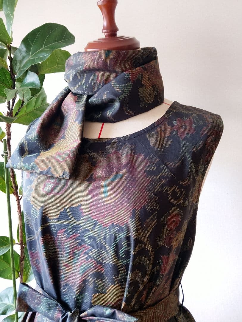 着物リメイク❀大島紬フレアーワンピース❀花柄ストール付き正絹ノースリーブ