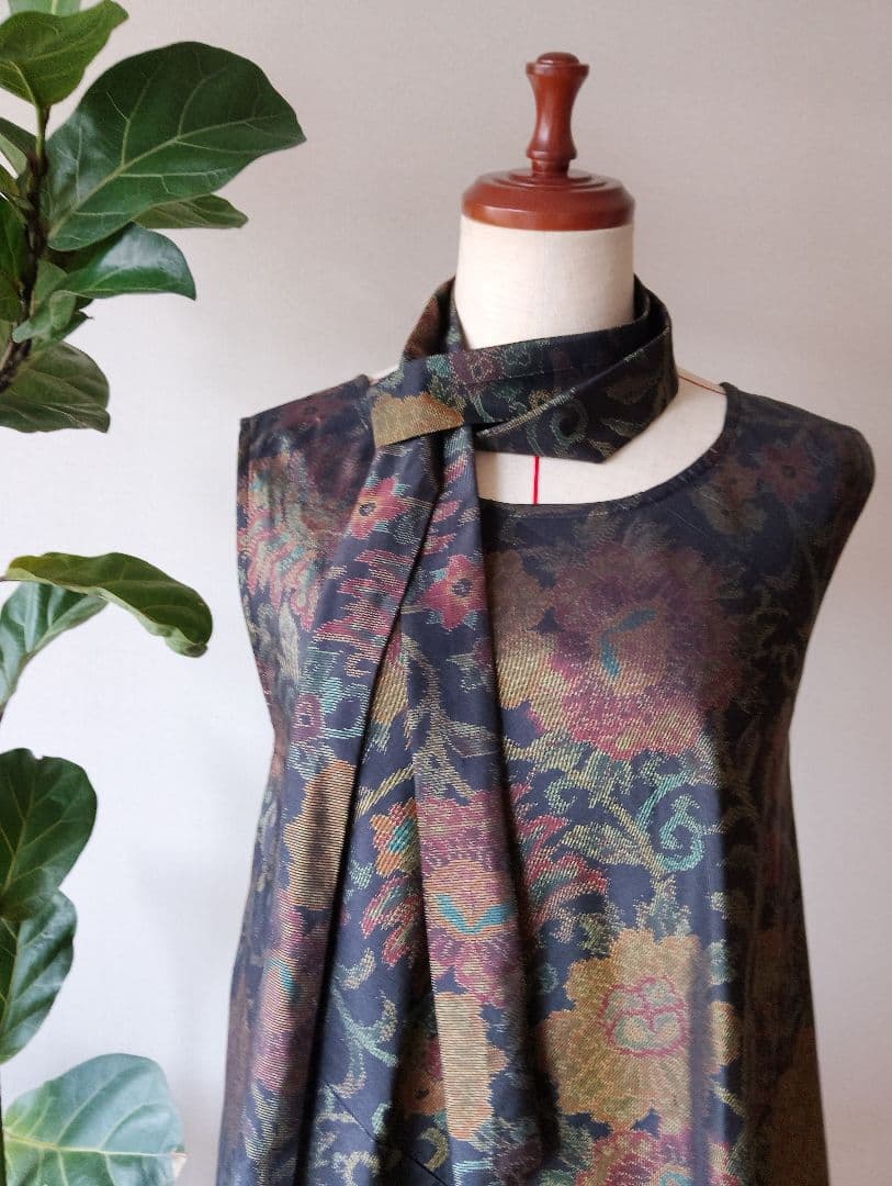 着物リメイク❀大島紬フレアーワンピース❀花柄ストール付き正絹ノースリーブ